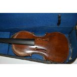 Two violins and two bows in cases (one Czech copy of a Stradivarius and another for parts)