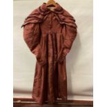 1832 Georgian Carriage dress maroon silk with double cape collar trimmed with braid, padded and gath