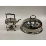 Victorian silver plated food cover, together with a Dresser style kettle on burner stand