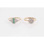 18ct gold diamond flower head ring and 18ct gold Art Deco emerald and diamond ring