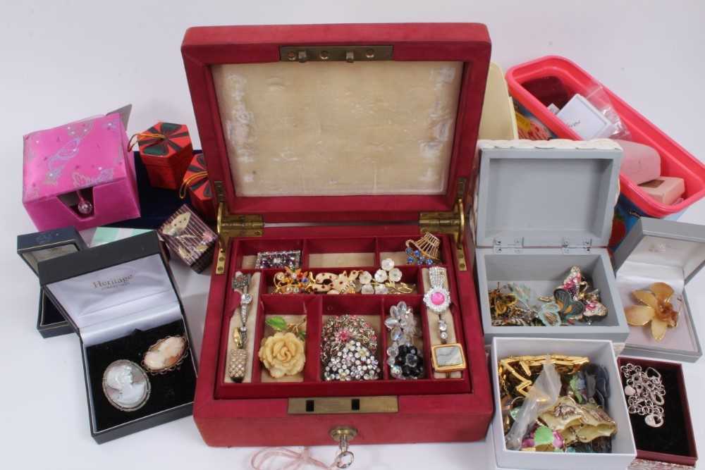 Group of vintage costume jewellery including collection of cameo brooches, silver and enamel butterf