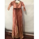 Late 18th century / early 19th century Regency pink striped silk open skirt dress with high waist an