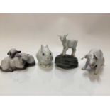 Four Royal Copenhagen porcelain models - baby Goat number 4760, Lambs 2769, Pig 1700 and Rabbit 4705