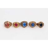 Five gold gem set college/ university rings