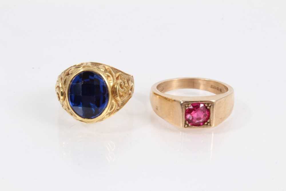 14ct gold synthetic pink stone ring and Continental gold faceted oval blue stone ring (2)