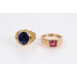 14ct gold synthetic pink stone ring and Continental gold faceted oval blue stone ring (2)