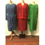 Ian Thomas Royal dressmaker, red and blue boucle wool tweed skirt suit also by Ian Thomas a green si