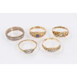 Five antique and later 18ct gold rings, all with stones missing