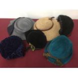 1940s to 1970s vintage ladies hats including raffia 'back of the head hat', navy felt and ribbon hat
