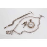 Victorian silver fob watch, white metal fob chain and a silver watch chain with coin fobs