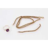 9ct gold amethyst ring and a yellow metal guard chain