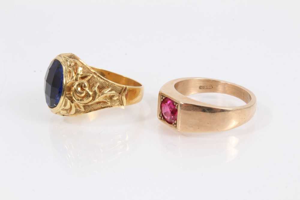 14ct gold synthetic pink stone ring and Continental gold faceted oval blue stone ring (2) - Image 2 of 3