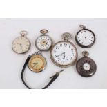 Six pocket watches to include a silver half hunter, two silver cased, a Goliath watch and two others