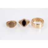 9ct gold wide band wedding ring, 9ct gold signet ring with engraved initials and one other 9ct gold
