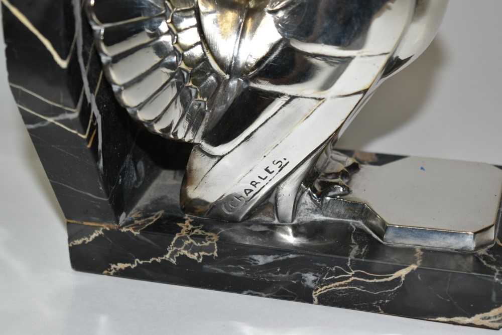 A pair of silvered bronze bookends cast from a model by C. Charles, modelled as fan tailed doves on - Image 3 of 5