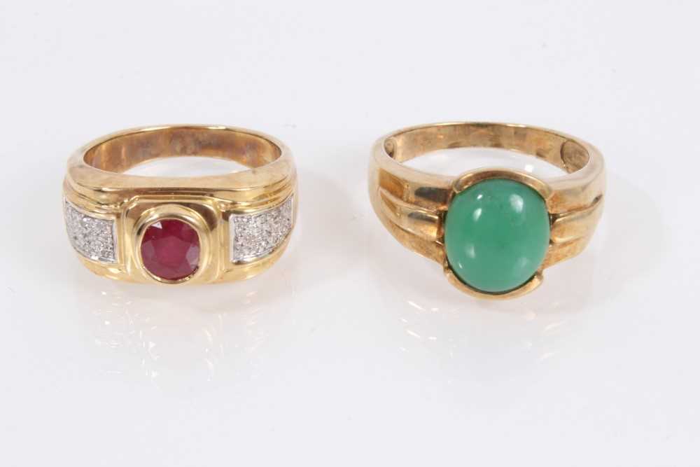 9ct gold oval mixed cut ruby ring with diamond set shoulders and 9ct gold chrysoprase cabochon ring