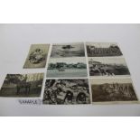 Postcards loose in shoe box including military, early cards, real photographic card 'Crossing the St
