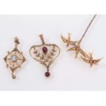 Victorian 15ct gold seed pearl bar brooch set with three flying swallows, together with two Edwardia