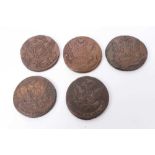 Russia - Mixed copper 5 Kopek coins to include 1763 CM Scarce Fair, 1764 CM Scarce (N.B. Cleaning bl