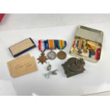 WWI medal group and miniature group, pair RAF cufflinks and a military compass