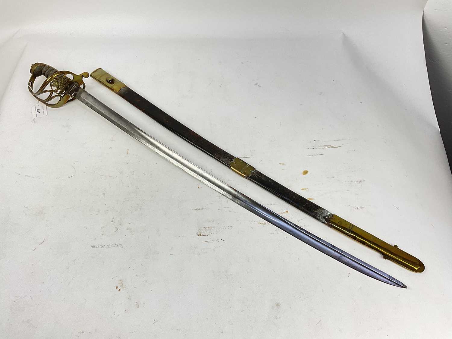 Victorian 1845 Pattern Infantry officer's sword with brass Gothic hilt, unusual fullered blade with