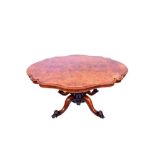 Good quality Victorian figured walnut breakfast table, with shaped quarter veneered top hinging on c