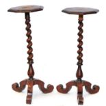 Rare pair of William and Mary walnut and inlaid candle stands