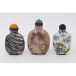 Chinese carved agate snuff bottle, of globular form with lapis type cap, 9cm high, together with a b