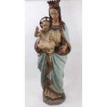 Large plaster figure of Mary and Jesus, polychrome painted and raised on canted plinth