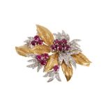 18ct gold ruby and diamond floral spray brooch