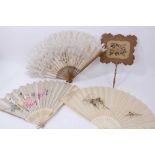 Regency hand painted face screen with embossed border and gilt handle and three fans (4)