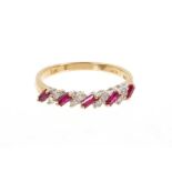 Ruby and diamond eternity ring with a half hoop of rectangular step cut rubies interspaced by pair o