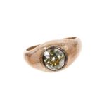 Antique diamond single stone ring with an old cut diamond of pale yellow tint, estimated to weigh ap