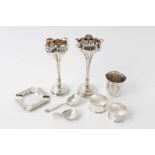 Pair Edwardian silver Art Nouveau spill vases, marks rubbed, 15.5-16cm, two silver caddy spoons, two