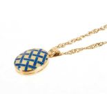 9ct gold and enamel locket with blue and yellow guilloché enamel lattice work decoration on 9ct gold