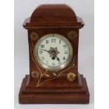 Art Nouveau mantel clock in brass floral inlaid rosewood case