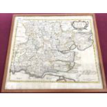 18th century Robert Morden hand coloured engraved map of Essex, 39cm x 43.5cm, in glazed frame