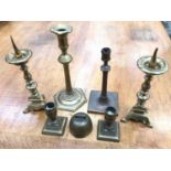 18th century bell metal candlestick on hexagonal base, others
