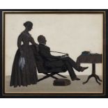 English School, circa 1820, painted silhouette group of a husband and wife, 25 x 29cm