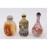 Carved agate snuff bottle, two others