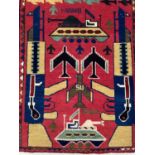 Two 1970s Afghan political rugs with war motifs, approximately 90cm x 65cm.