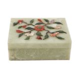 Chinese hardstone box and cover, the top with inset hardstone foliate decoration, the sides carved w