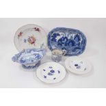 Group of 19th century English ceramics, including a blue and white platter, footed dish, two-divisi