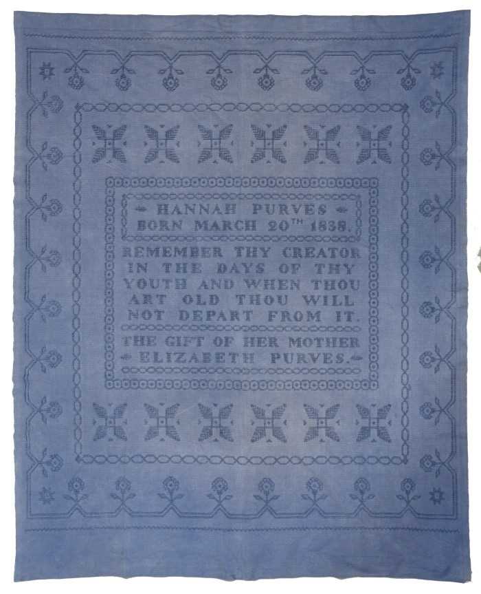 Rare early Victorian raised work embroidery bedspread, signed and dedicated to Hannah Purves, born M