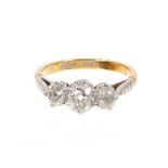 Diamond three stone ring with three old cut cushion shape diamonds in platinum claw setting on 18ct