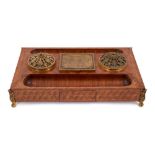 Fine quality 19th century French kingwood and parquetry inkstand, brass inlaid to base in script 'Ha