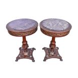 Pair of continental empire style marble topped circular side tables, drum tops with gilt metal folia