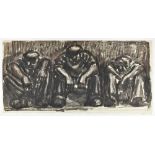 *Colin Moss (1914-2005) watercolour on paper - Three seated workmen, studio stamp verso, 34cm x 71.5