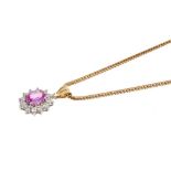Pink sapphire and diamond cluster pendant in 18ct gold setting on a 9ct gold chain