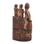 Antique carved and painted wooden fragment depicting three figures praying